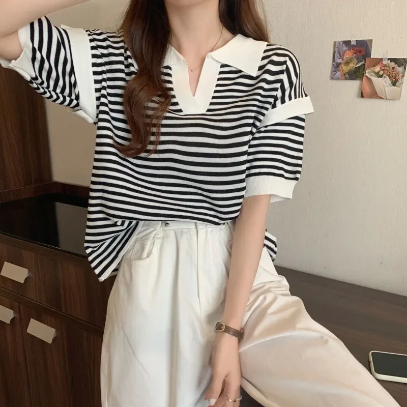 

J018 Knit short sleeve T-shirt women's spring/summer polo collar V-neck design sense