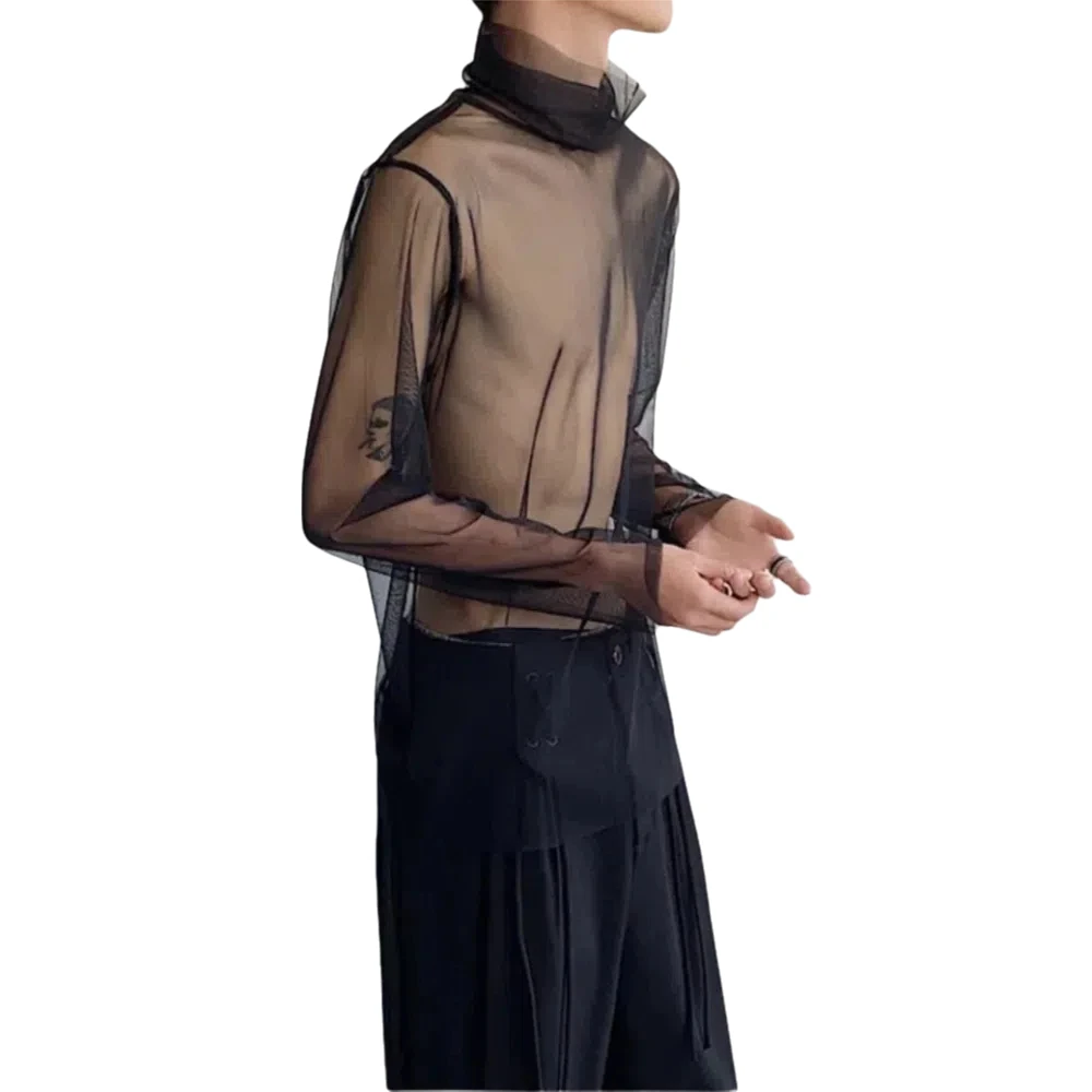 Description Picture 5 of itemChic See-through Transparent T-shirt Streetwear High Collar Long Sleeve T-shirt Undershirt Solid Color Mesh Top Men Nightclub