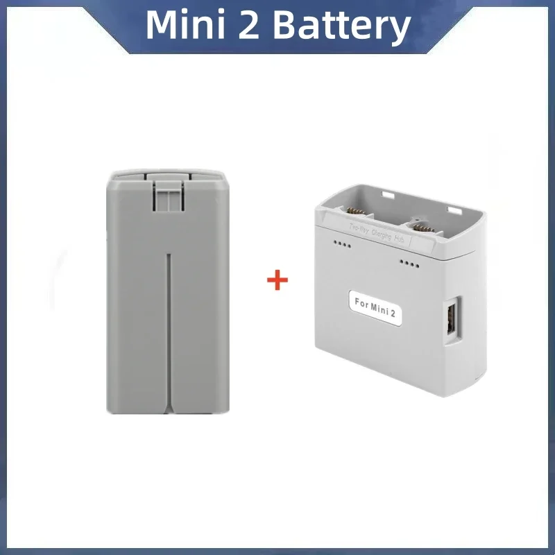 Vue rapprochée de la batterie DJI Mini 2 avec connecteurs dorés et étiquette 2250mAh