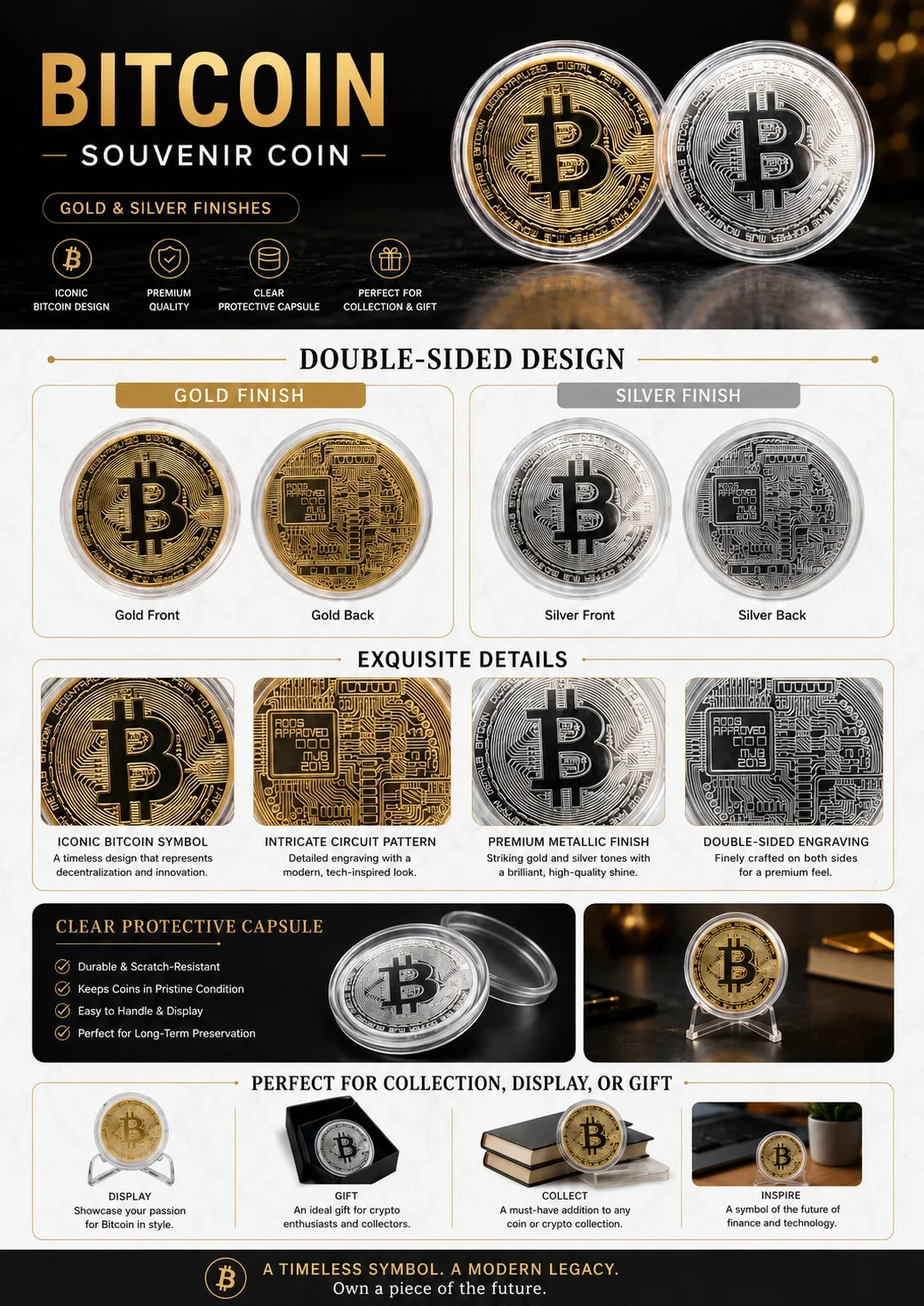 Moneta Commemorativa Bitcoin, Placcata in Oro, Oggetto da Collezione per Appassionati di Criptovalute, Regalo per Investitori, Moneta Novità - immagine 5