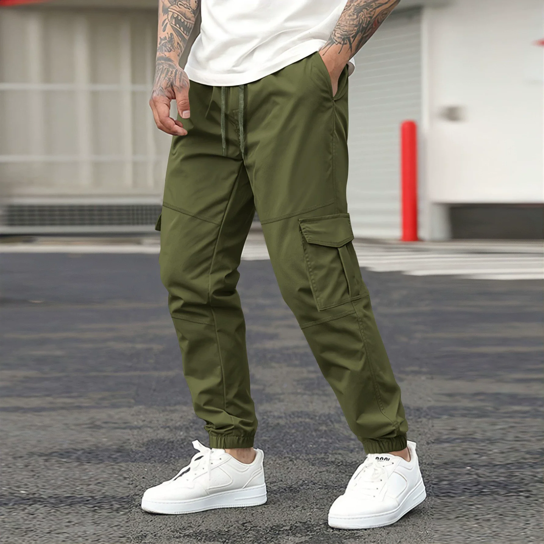 Spring Autumn New Men's Youth Drawstring Pocket Work Clothes Long Pants Fashion Leisure Outdoor Sports Fitness Bag Foot Pants