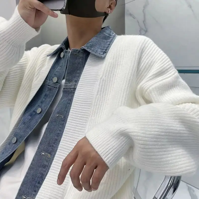 New Trendy Handsome Fake Two-piece Denim Cardigan Patchwork Sweater Knitted Jacket Men and Women Autumn and Winter Loose Sweater