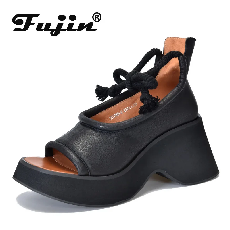 

Fujin 8cm Platform Wedge Summer Women Hollow Pumps Peep Toe Booties Mary Jane Shoes Natural Genuine Leather Sandals Boots Flats