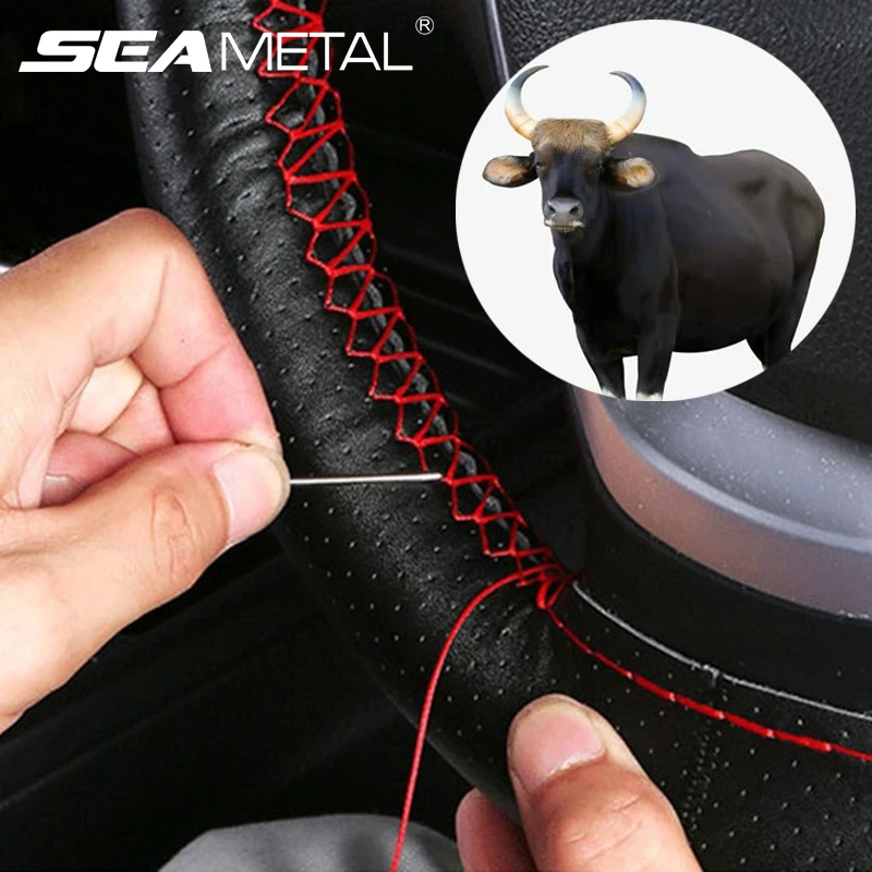 SEAMETAL Genuine Leather Car Steering Wheel Cover with Needles Thread DIY Braid 37-38cm Anti-Slip Cowhide Steer-Wheel Protector 1