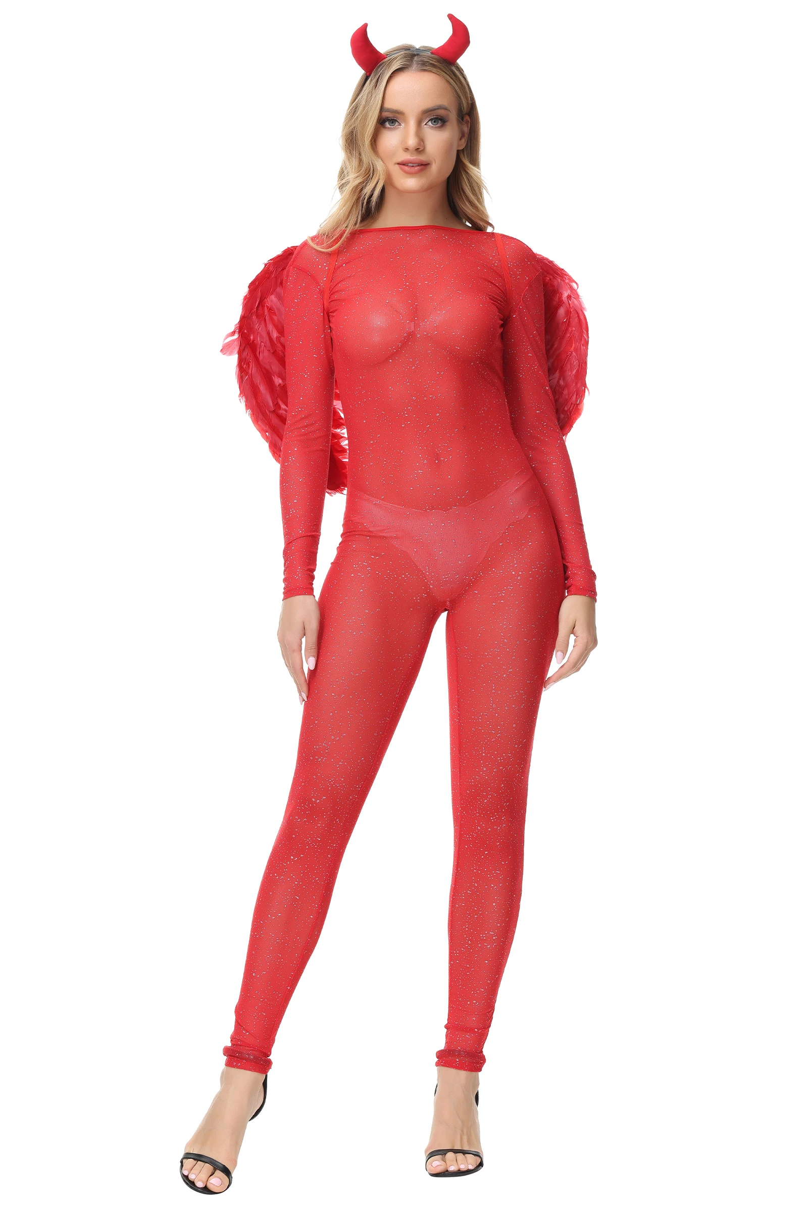 Red Devil Cosplay Uniform for Women Sexy Bodysuit with Wings Headwear Halloween Party Demon Angel Jumpsuit Stage Show Costume