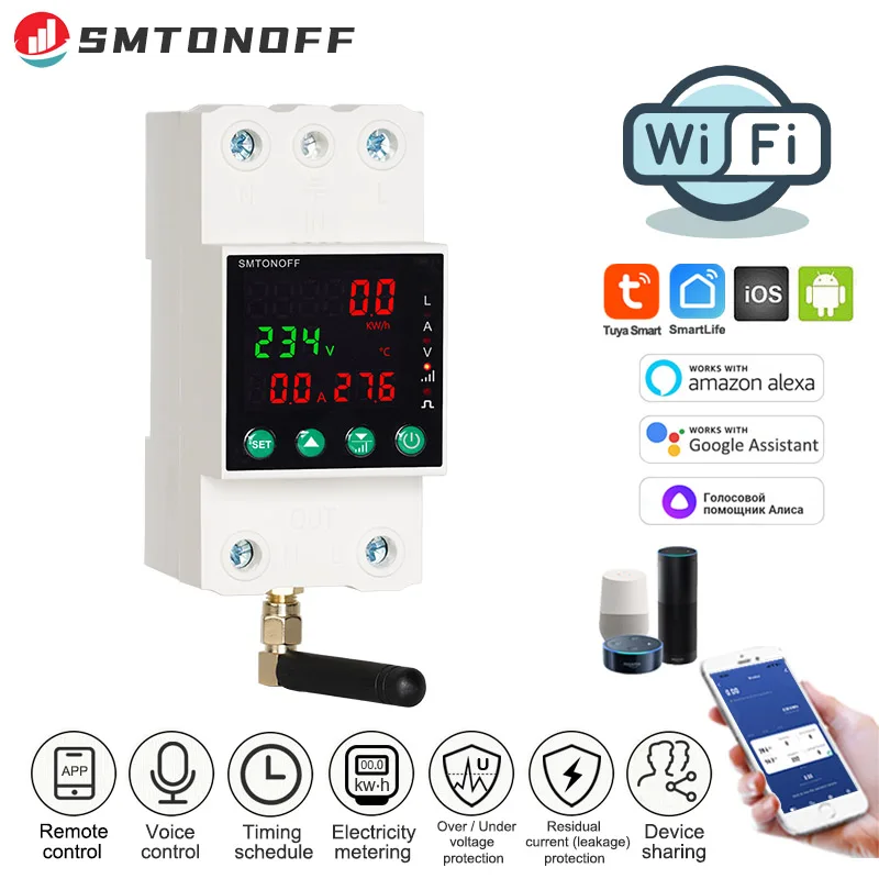 SMTONOFF Tuya WiFi Single Phase 2P 63A Auto-Reclosing Over Under Voltage Protector Prepaid Meter Timer Switch Voice Remote Control