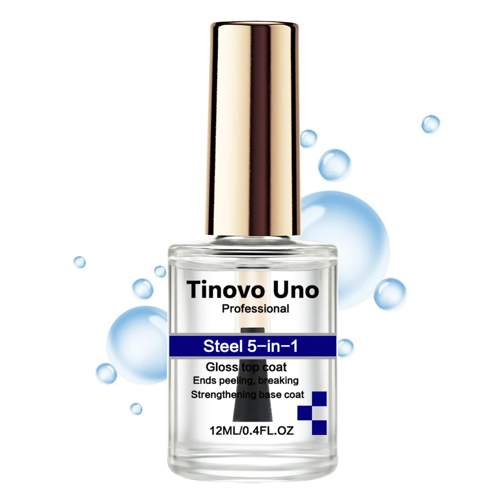 Tinovo Uno Nail Hardener Steel 5 IN 1 Gloss Top Coat Finish Natural Dry 12ML Nail Strengthening Treatment Stronger Nails Finish 5
