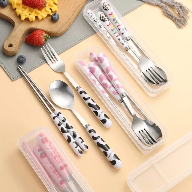 2/3PCS Spoon Fork Chopstick Cutlery Portable Dinnerware Kit Lunch Tableware  With Box Set 401 Stainless Steel Kitchen Accessories - AliExpress