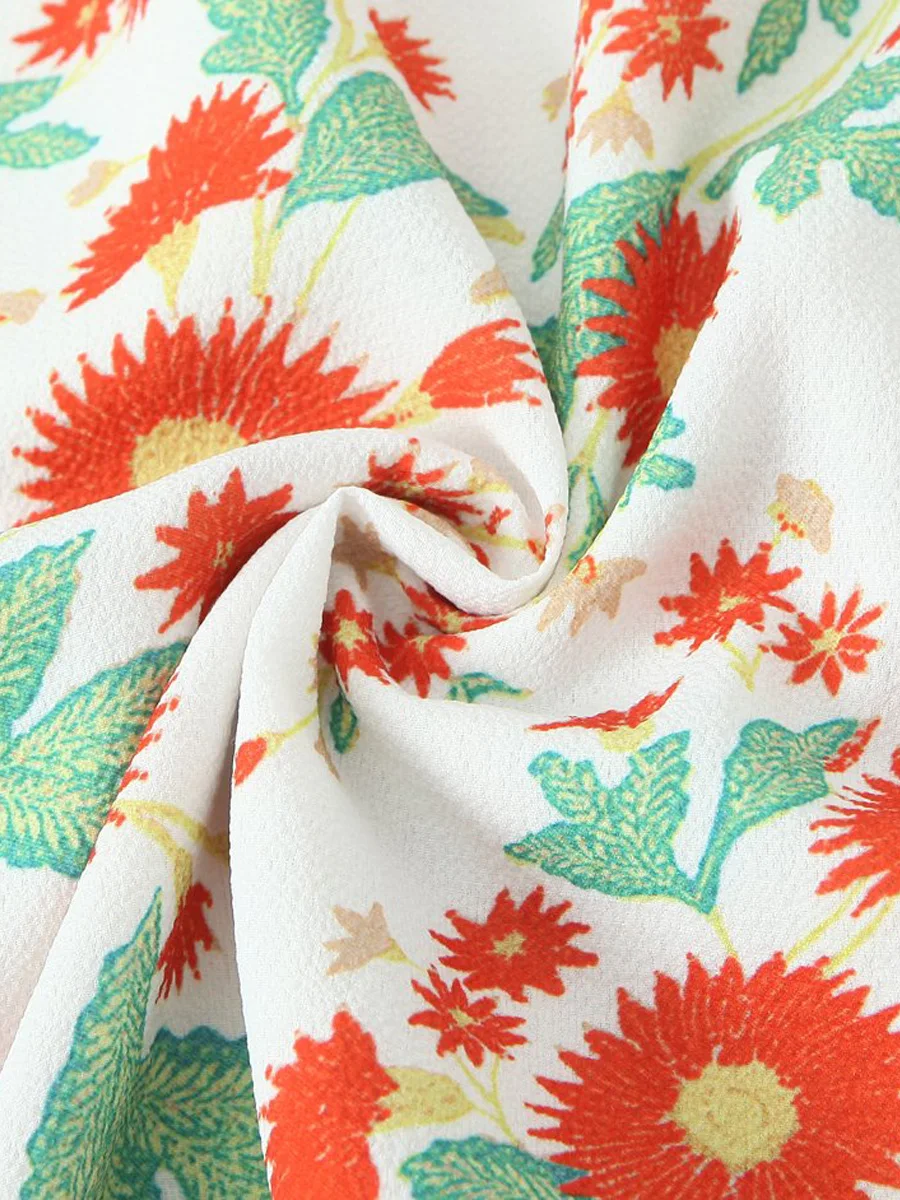 V-Neck Cinched Waist A-Line MIDI Dress Plus Size Women Summer Premium French Vacation Orange Green Floral Printed Dress