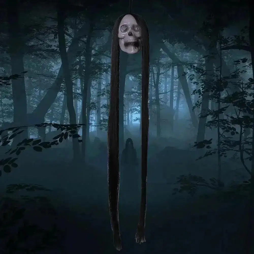 Halloween Hanging Ghost Skeleton Head With Long Hair Red Blinking Eye Horror Photo Prop For Home Garden Outdoor Party Decoration