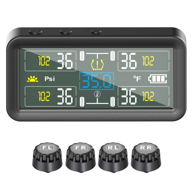 Tire Pressure Monitor with 4 External Sensors LCD Display  Solar and Type-C Charging Temperature for Car SUV Off-Road Vehicle
