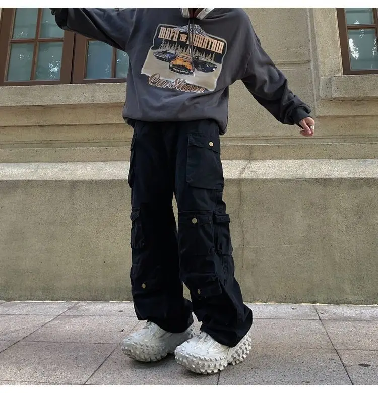 Street Popular White Multi-pocket Overalls Men's Harajuku Style Loose Casual Trousers Straight Mopping Pants Autumn New