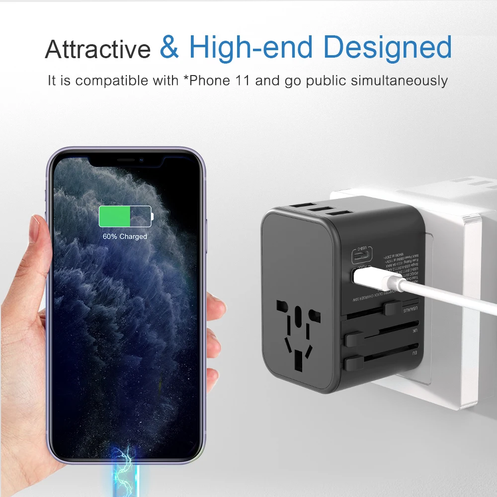 Universal Travel Adapter International Wall Charger AC Plug Adaptor with 5.6A Smart Power USB Type-C for US EU UK AU