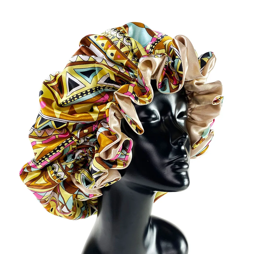 Women Satin Bonnet Cap Double Layer Silky Big Bonnet for Lady Printing Sleep Cap Head Wrap 4