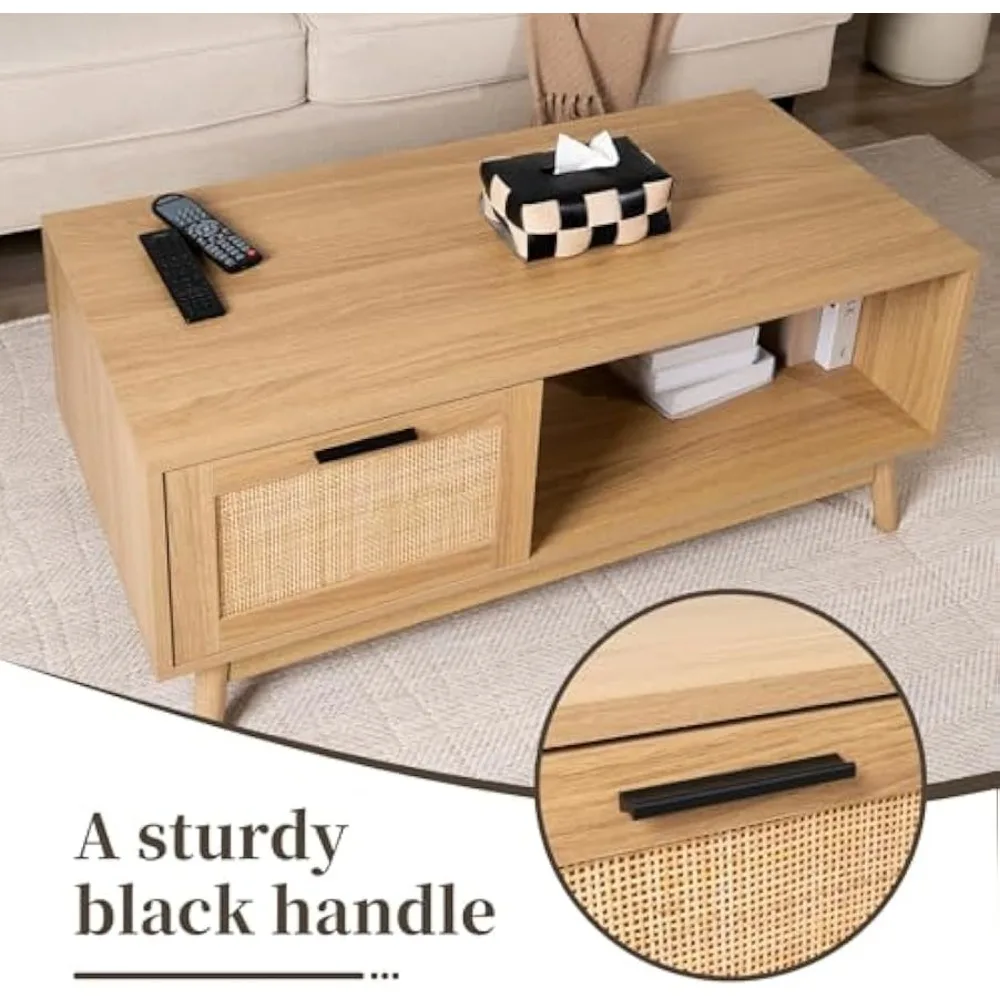 Mid Century Modern Coffee Table with Storage, Walnut Tea Table with Drawer, Coffee Tables w Open Storage Shelf 3