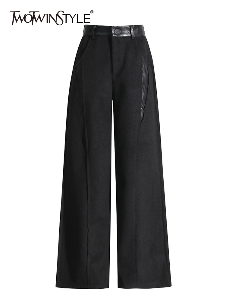 

TWOTWINSTYLE Patchwork Leather Loose Pants For Women High Waist Spliced Button Minimalist Temperament Wide Leg Pant Female 2023