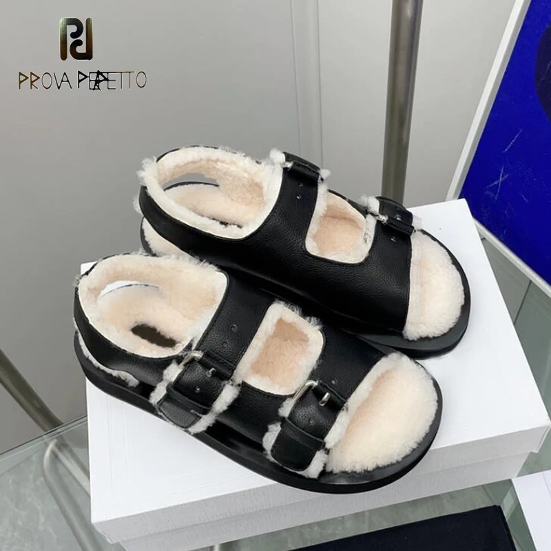

2023 Brand Sping Fur Sandals Black Leather Buckle Strap Fashionable All Match Warm Shoes Chic Fashion Open Toe Female Slides