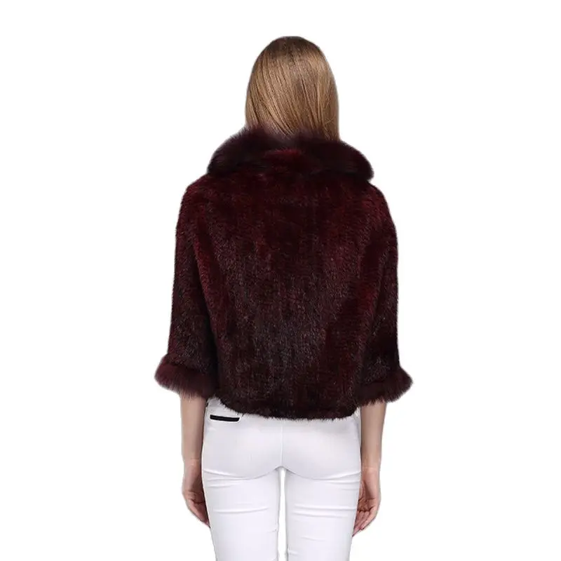 Women Natural Mink Fur Shawl Jacket Lady Knitted Mink Fur Scarf Shawl Lady Real And Fox Collar Poncho Coat