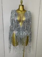 STOCK 2025 Flashing Sequins Tassels Sexy See-Through Sheath Bodysuit Evening Party Nightclub Dancer Stage Perfprmance Costume