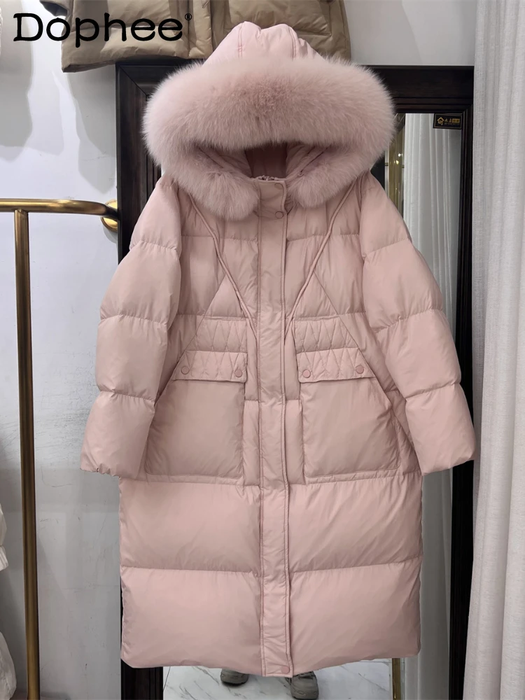 

Mid-Length Over The Knee Hood Big Fur Collar White Duck Down Coat Female 2023 Winter New Thick Loose Puffer Jacket Women