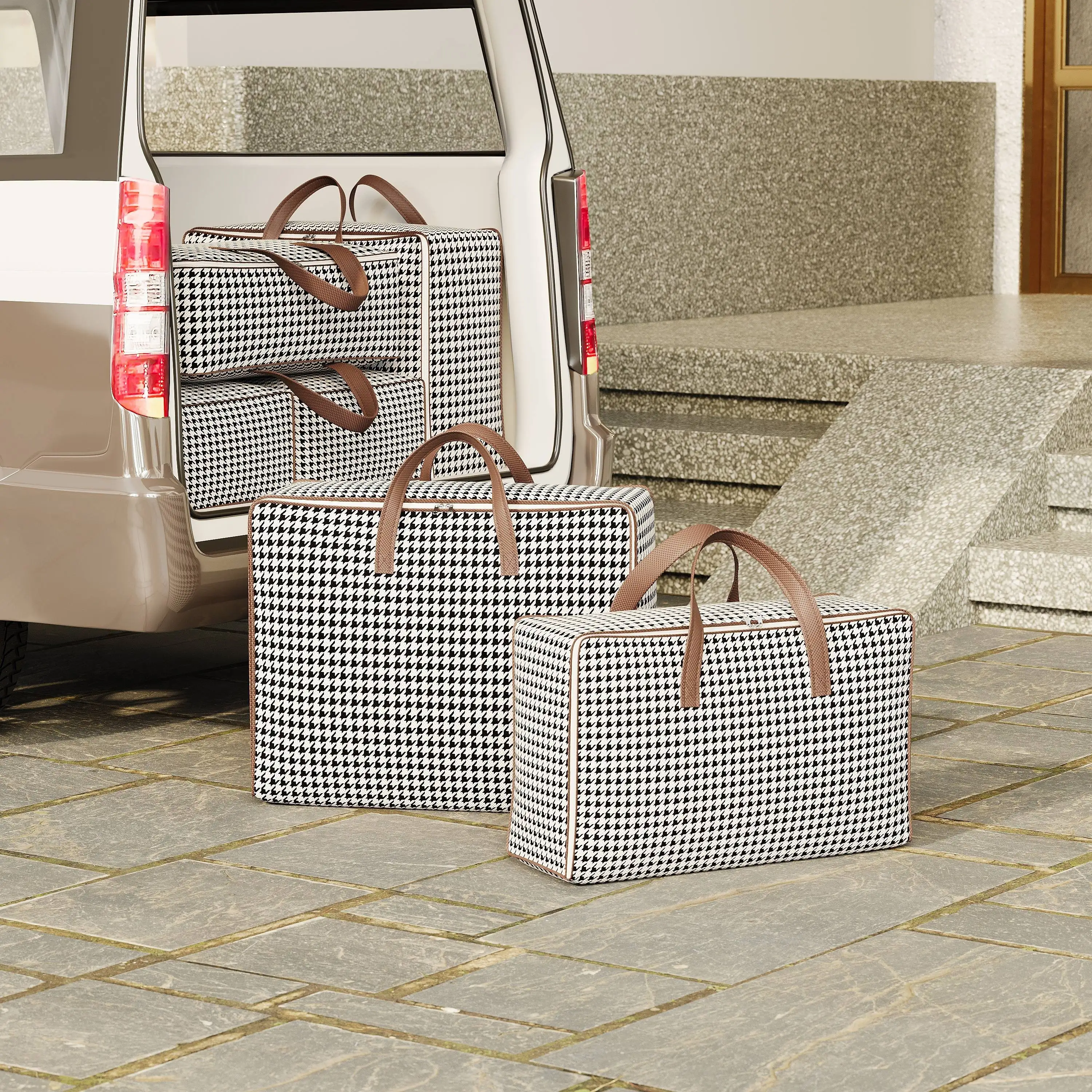 Large Capacity Houndstooth Foldable Travel Bag - Quilt & Clothes Storage for Moving & Home Organization 4