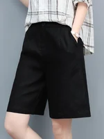 High Waist COTTON Linen Women's Shorts Loose Casual Solid Women's Summer Shorts Basic Black Coffee Semi-elasticated Waist Shorts - Image 5
