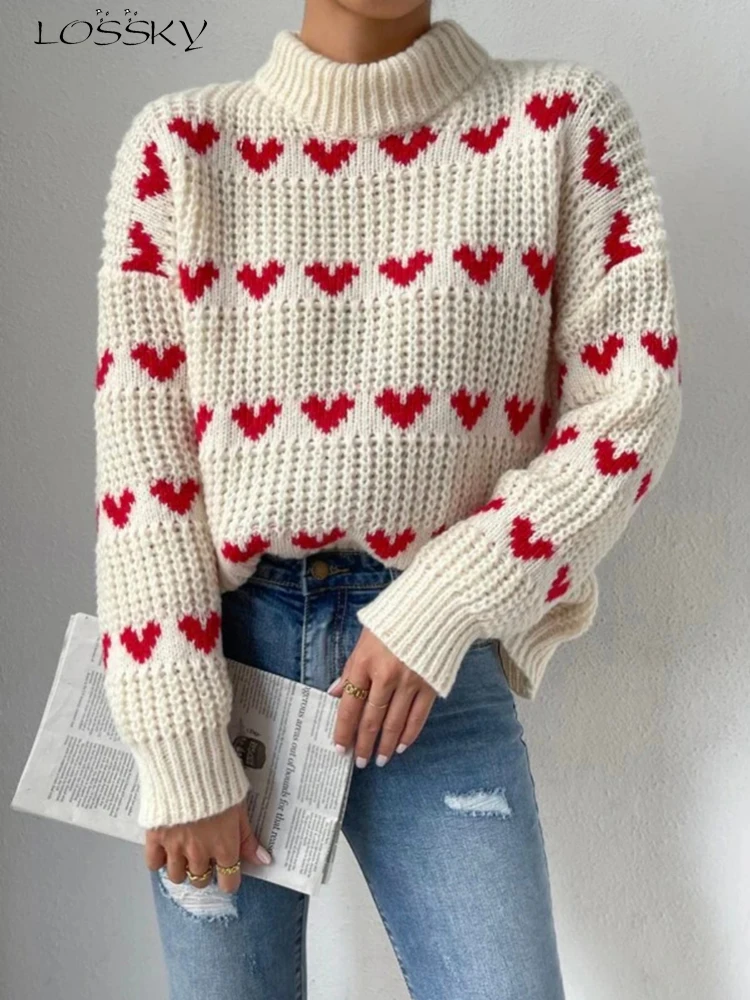 

Autumn Winter Women's Turtleneck Sweater Fashion Knitted Heart Long Sleeve Top Casual White Pullovers Elegant New In Knitwears