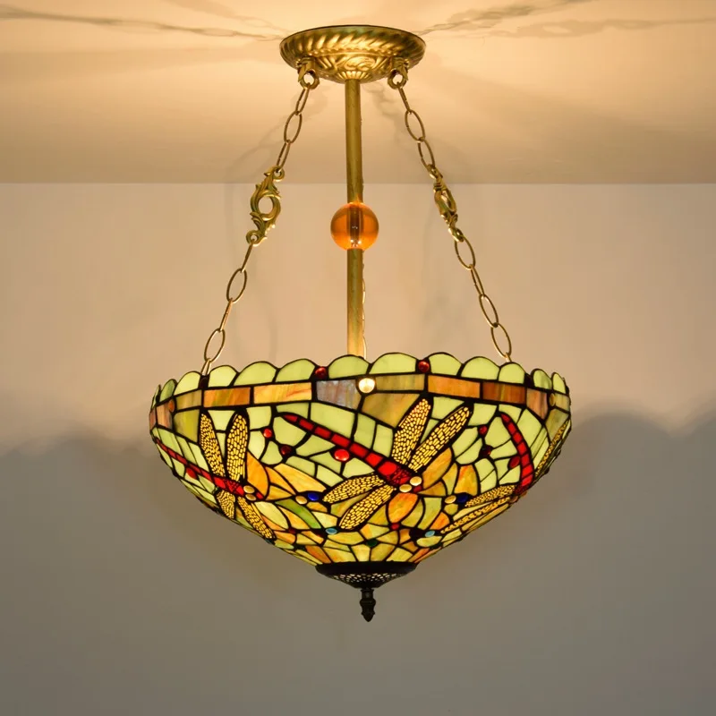 

40CM Tiffany Green Bottom Dragonfly Bar Light European Creative Stained Glass Living Room Dining Room Bedroom Chandelier Lamp