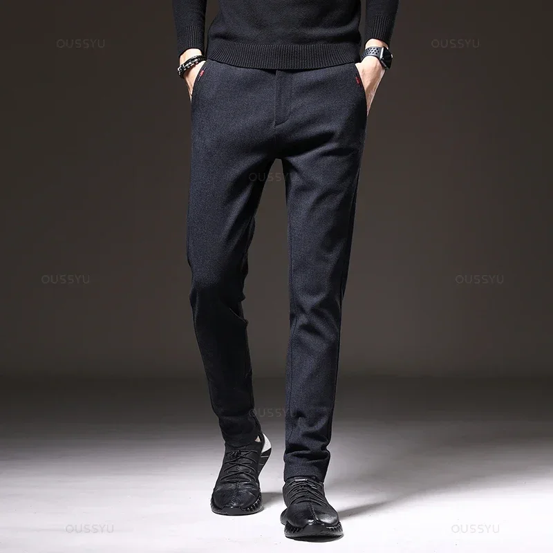 Spring Autumn Men's Casual Pants Business Fashion Elastic Waist Slim Fit Stretch Thick Gray Black Cotton Trousers Male 3