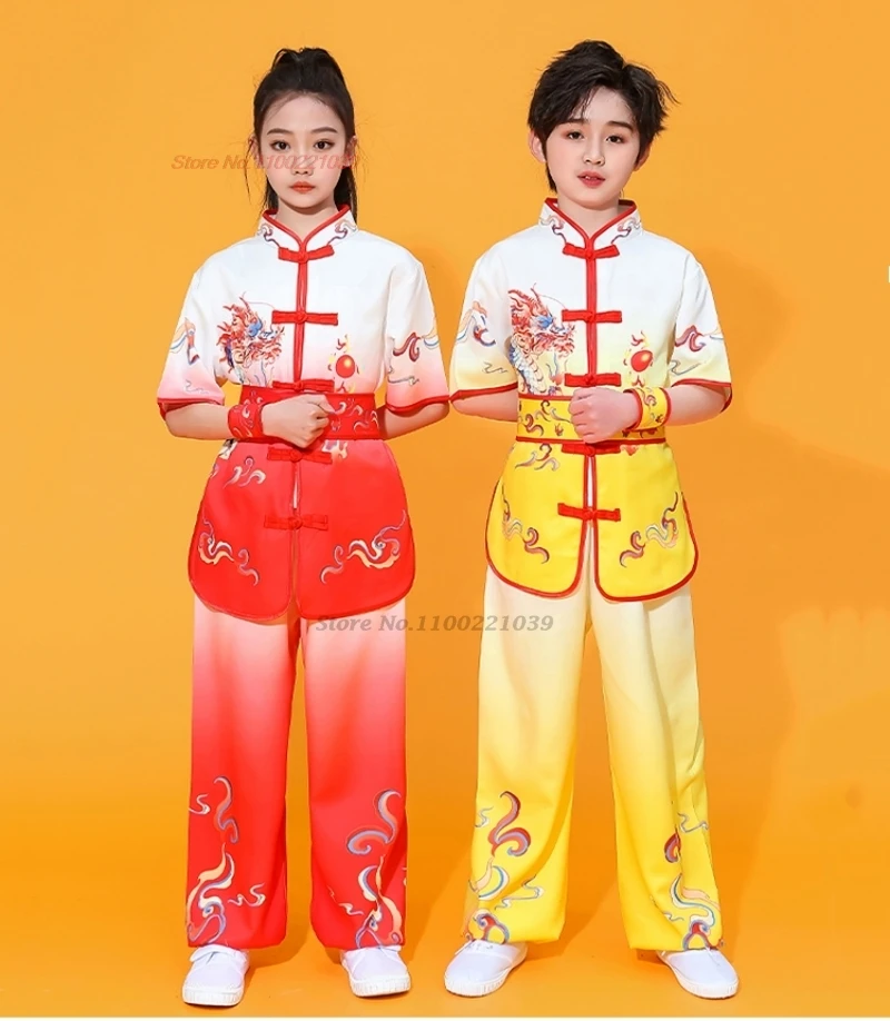 

2024 traditional chinese childen wushu kung fu shaolin costume tai chi kungfu set dragon print martial art training exercise set