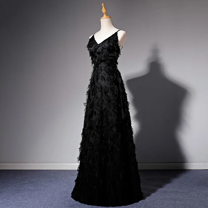 2026 Spring/Summer New Women's V-neck Feather Black Banquet Sexy Evening Dress Fashionable Slimming Strap Long Dress Customize 2