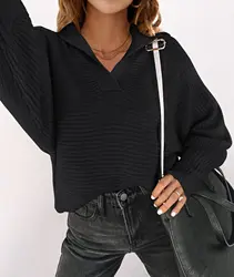 Autumn Winter Women's Comfortable Loose Solid Color Casual Lapel V-Neck Long Sleeve Ribbed Knitted Pullover Tops