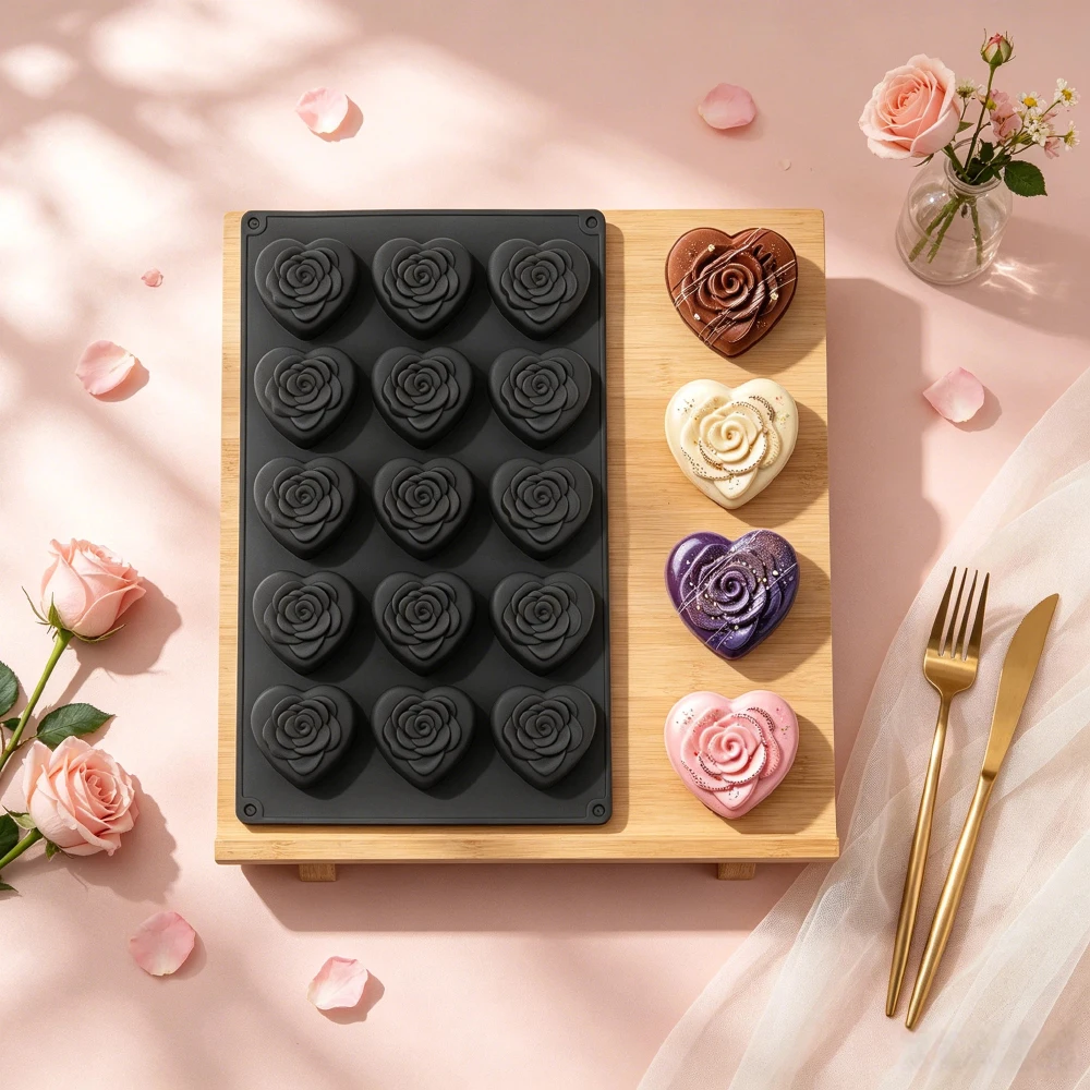 Heart Rose Silicone Mold for Baking and Desserts - Ideal for Mousse, Chocolate, Candy, Pudding, and French Pastries - Perfect for Valentine's Day and Weddings