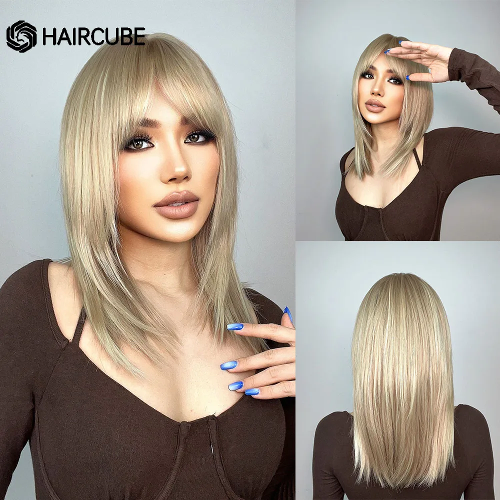 

HAIRCUBE Light Golden Straight Synthetic Wig Medium Length Blonde Bob Wig for Women With Bangs Layered Natural Hair Cosplay Wig