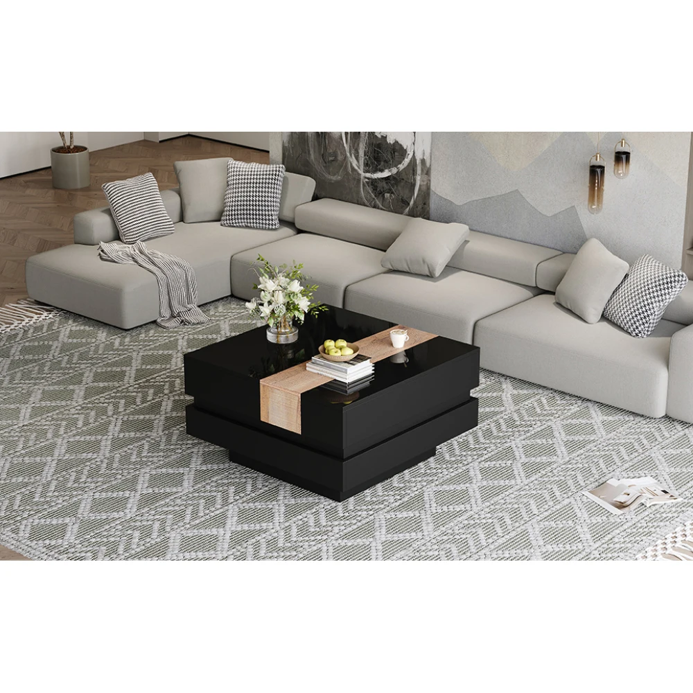 Moderner, hochglänzender, quadratischer Couchtisch, 70 x 70 x 39 cm, ausziehbares Design mit versteckter Stauraum, Farbblock-Wohnzimmer-Beistelltisch – Detail 7