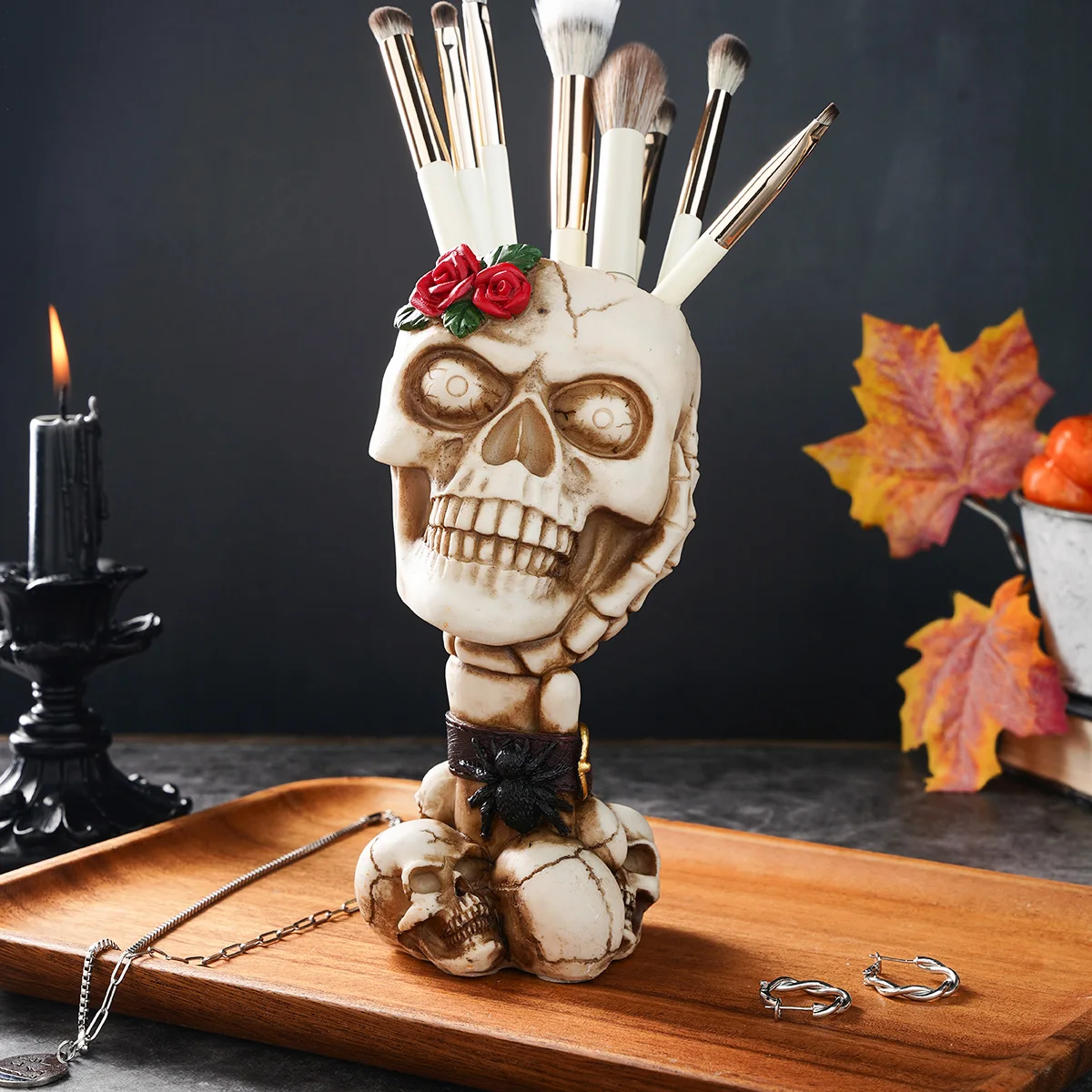 1PC,Halloween Decor resin material, vintage and retro style. Don't listen, don't look, not mention the skull storage pen holder