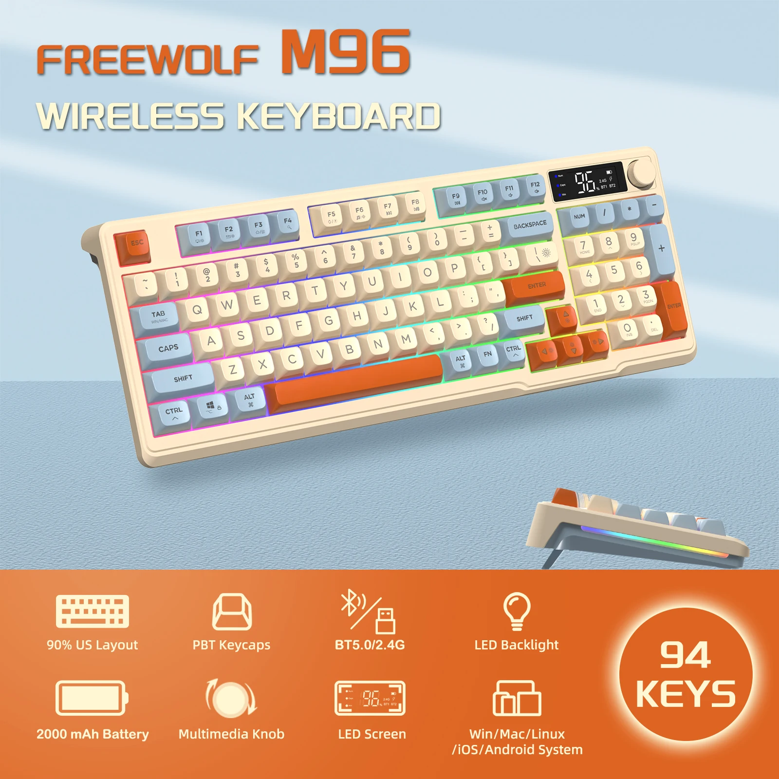 Wireless Gaming Keyboard With Display Screen & Knob, Bluetooth/2.4GHz Quiet Membrane Keyboard, 3000mAh Rechargeable_voghion.com