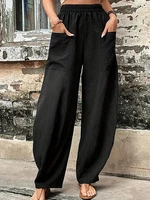 Plus Size Women's Cotton-Linen Harem Trousers Retro Loose-Fit Casual Trousers Elasticated Waistband Workwear Wide-Leg Trousers