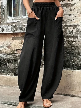 Plus Size Women's Cotton-Linen Harem Trousers Retro Loose-Fit Casual Trousers Elasticated Waistband Workwear Wide-Leg Trousers