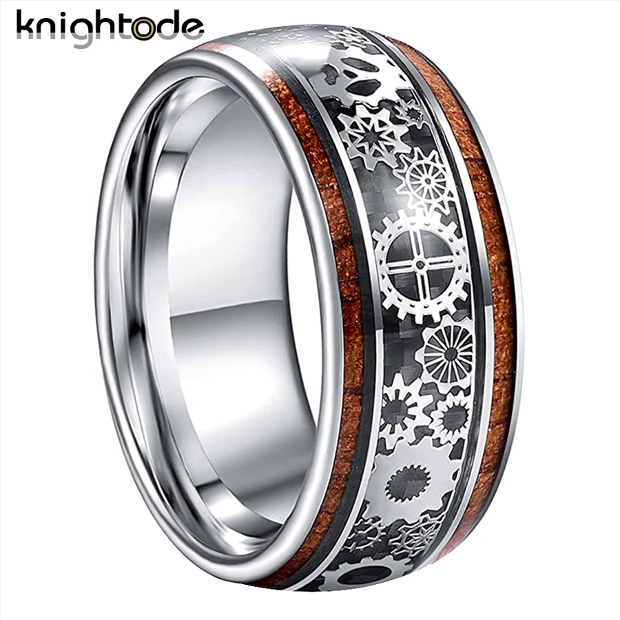 

10mm Super Men Rings Tungsten Carbide Wedding Band With Wood And Steampunk Gear Inlay Domed Polished Comfort Fit