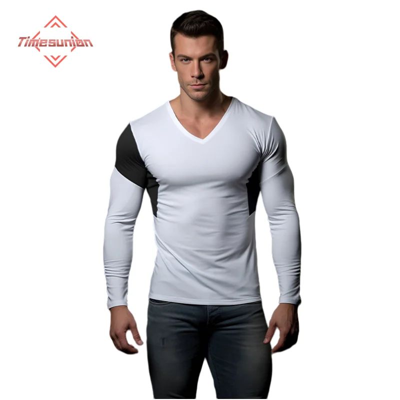 

Fashion V collar T Shirt for Men Trendy Splicing T-shirts Cotton Comfortable Long Sleeves Men's T-shirts