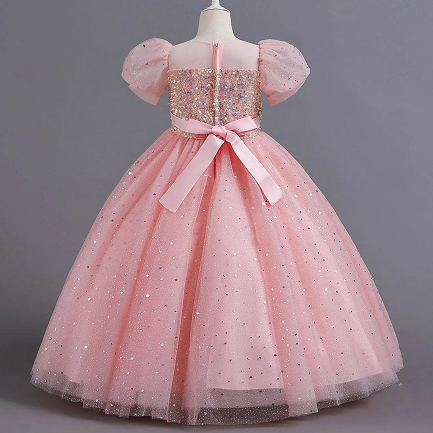 Shiny Toddler Little Big Girls Sequined Puff Sleeves Flower Girl Birthday Party Pageant Formal Evening Dress 3