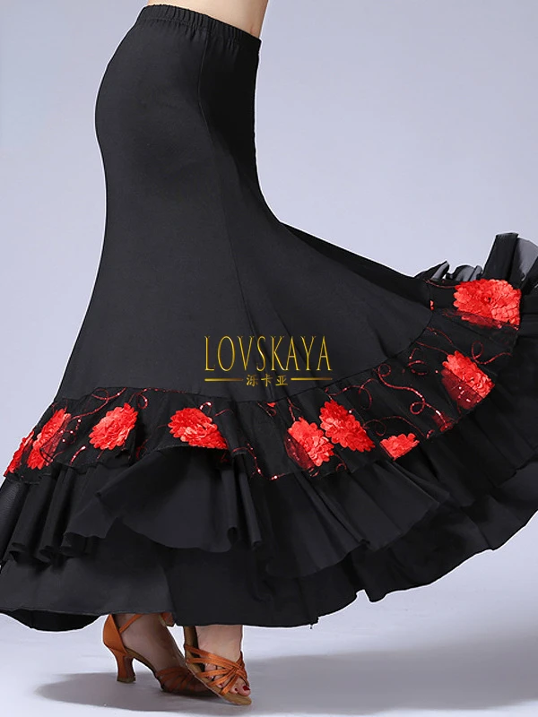 

Sequin Flower Embroidery Ruffle Big Wing Skirt Women Flamenco Ballroom Practice Dress Spanish Fancy Belly Dance Wear