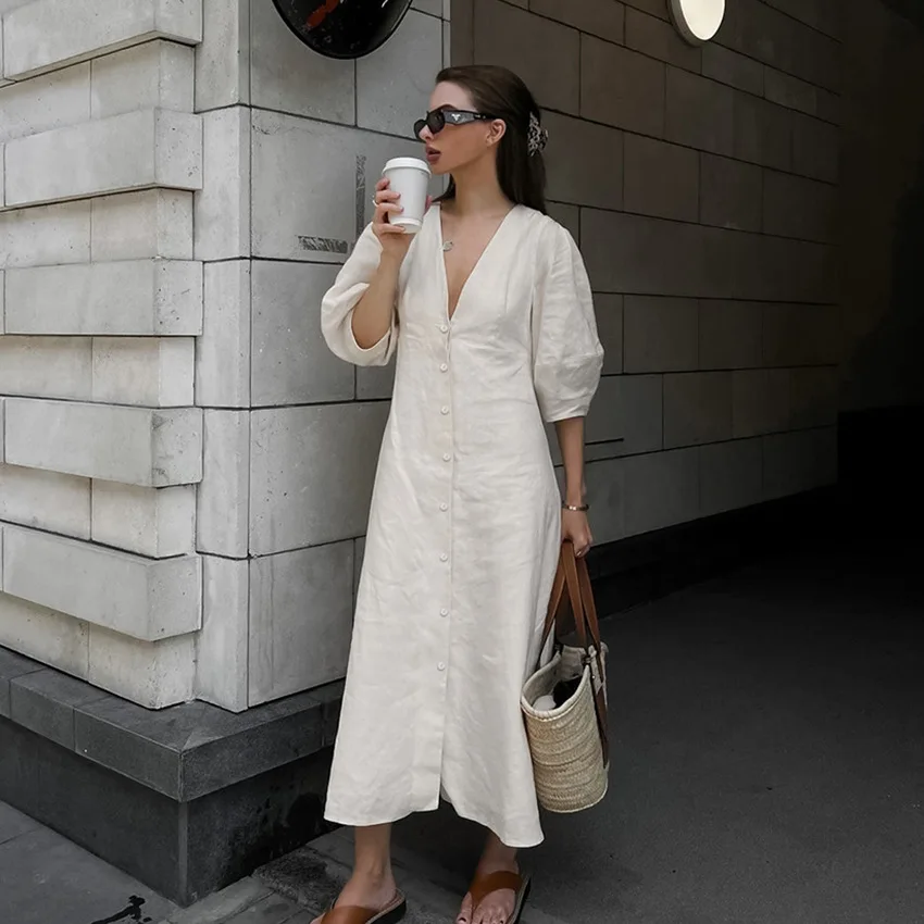 

Beige cotton and linen puff sleeve dress for women summer backless loose V-neck long dress