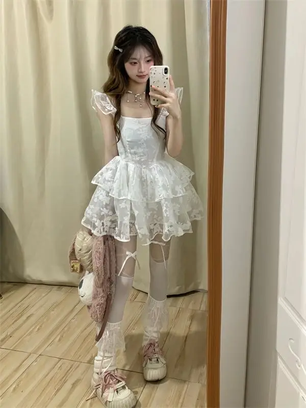 Elegant Princess Party White Dress Sleeveless Summer New Y2K Ruffles A-line Short Dresses for Women Korean One Piece Vestido