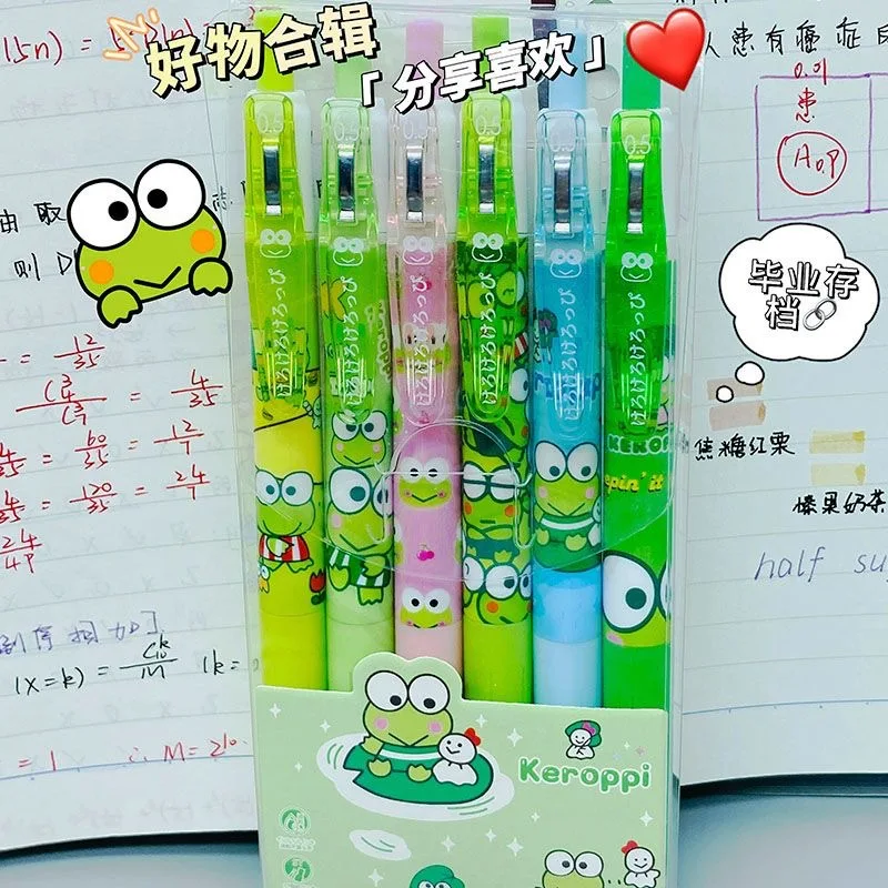 

6Pcs Set New Kawaii Sanrio Kerokero Keropp Roller Ball Pen Cartoon Anime Stationery 0.5Mm Black Student Use Stationery Gift