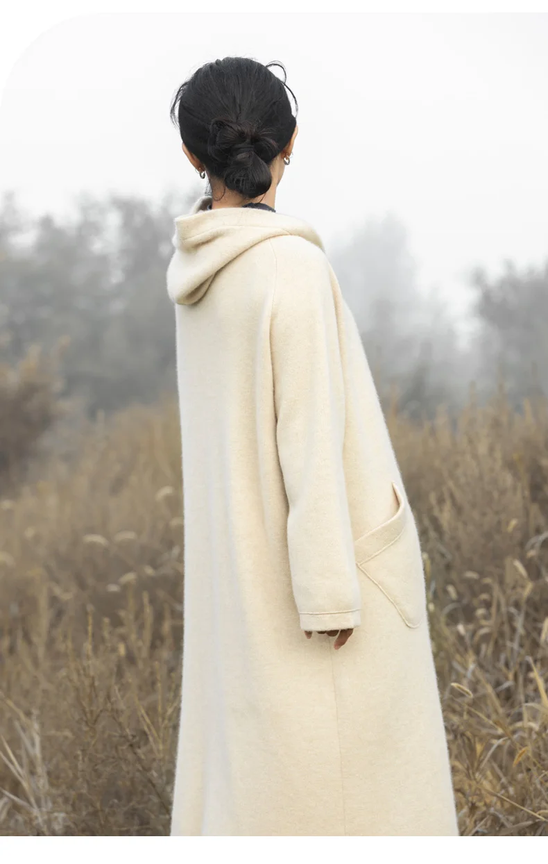 Pure Wool Coat Women's Loose Long Knee-Length Hooded Double-Sided Cashmere Medium Long Pocket Woolen Coat