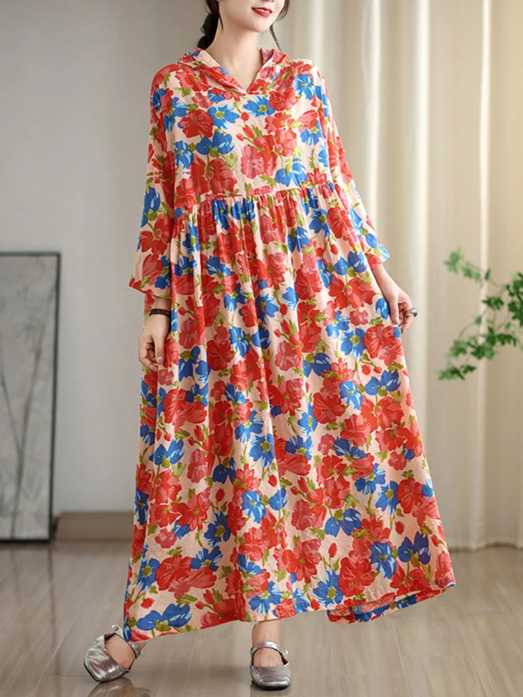 2025 Autumn New Long Sleeve Hooded Floral Print Vintage Long Dresses For Women Casual Loose Elegant Dress Femme Robe Clothing