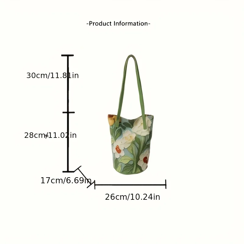 Floral Bucket Bag for Women, Shoulder Crossbody Oil Painting Flower Design Casual Fashion Tote Bag, Available Green, Blue, Black