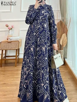 Women Autumn Floral Printed Muslim Dress 2025 ZANZEA Eid Mubarek Abaya Robe Femme Vintage Lapel Long Sleeve Sundress Kaftan